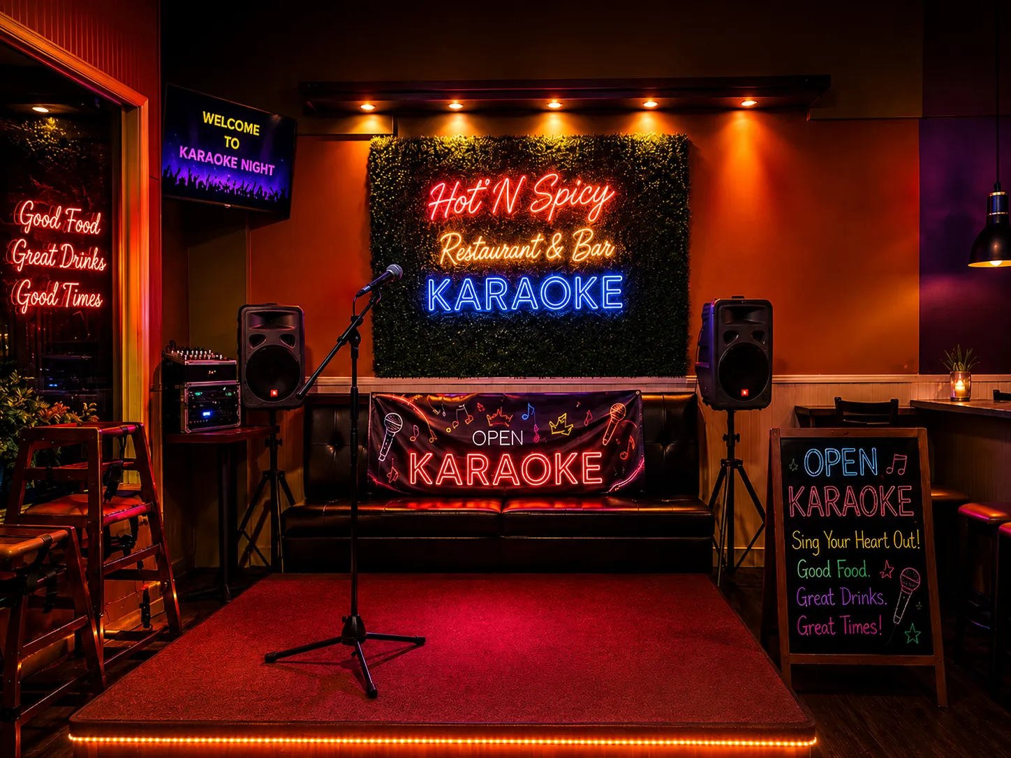 The karaoke stage and neon sign at Hot ‘N Spicy Restaurant & Bar